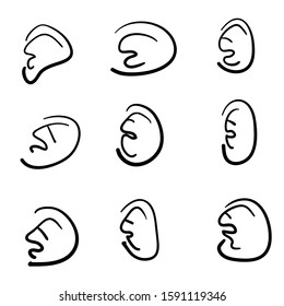 hand drawn ears collection with doodle cartoon style illustration vector isolated