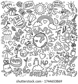 hand drawn of Earth day, Ecology , go green, clean power doodle set isolated on white background, doodles sketch illustration vector