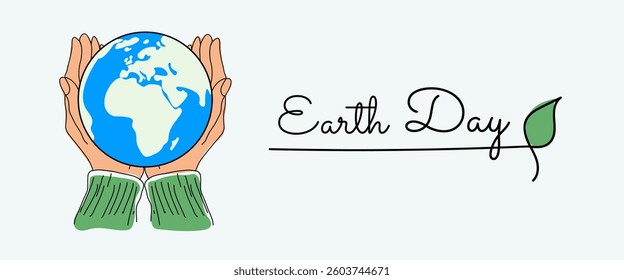 Hand drawn Earth Day illustration featuring hands holding a globe symbolizing environmentalism, sustainability and global responsibility. Minimalist design perfect for posters, banners and campaigns.