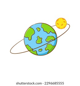 Hand drawn earth and moon cartoon. Moon revolving around the Earth. Nature and space concept design. Isolated white background. Vector art illustration