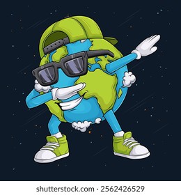 Hand drawn earth planet character wearing green cap, sun glasses doing dab dance, dabbing earth 