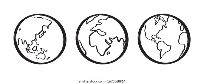 Hand drawn earth planet isolated on white background. Eco friendly, save ecology, earth day concept. World map globe.