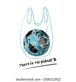 Hand drawn the earth in plastic bag with wording “ There is No planet B “ Design for save the world , no plastic bag campaign and all graphic used ,on white background color