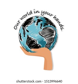 Hand drawn the earth and hand with wording “ Our world in your hands “ Design for save the world campaign ,sustainable environmentand all graphic used ,on white background color