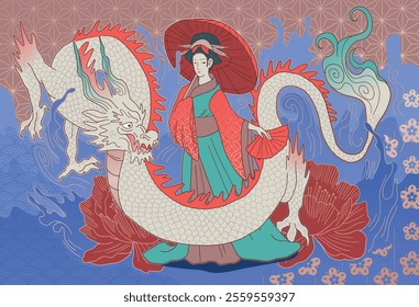 hand drawn east asian style vector illustration ancient dragon with woman in kimono, traditional pattern, flowers and waves