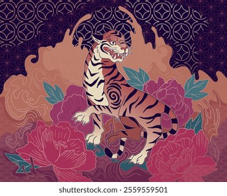 hand drawn east asian style vector illustration wild cat, tiger, with flowers and traditional patterns