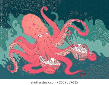 hand drawn east asian style vector illustration octopus with ramen, waves and traditional patterns