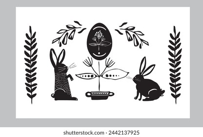 Hand drawn easter banner with easter bunny and eggs