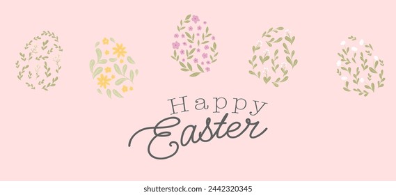 Banner de Pascua dibujado a mano con huevos de Pascua. Adorno floral. Estilo de dibujos animados. Elemento de diseño de vacaciones aislado. Feliz Pascua.   Fondo rosa.