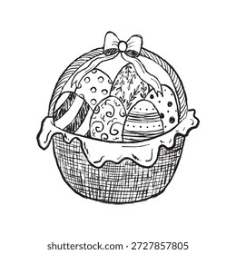 Handgezeichneter Osterkorb mit dekorierten Eiern. Frühlingsgrußkarte, Einladung. Vektorskizze Illustration in Vintage-Buntstil Holzkohle