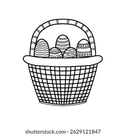 Hand drawn easter basket with eggs vector illustration. Coloring for children. Outline drawing. Sketch style easter egg basket graphic