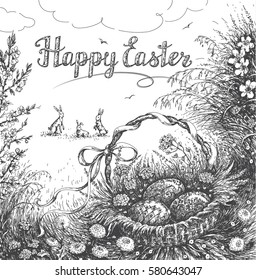 Hand Drawn Easter Basket with Holiday eggs in the grass near  Bunnies. Happy Easter Greeting Card. Vector sketch.