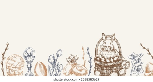 Hand drawn Easter border with bunny in basket, eggs, willow and spring flowers in vintage engraving style

