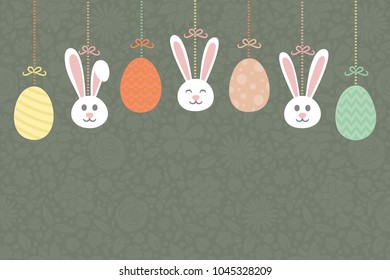 Hand drawn Easter bunnies and eggs hanging on a ribbon - concept of a card with copyspace. Vector.