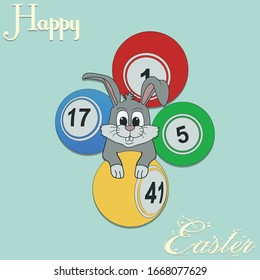 Hand Drawn Easter Bunny With Bingo Lottery Balls Over Turquoise Background And Happy Easter Decorative Text