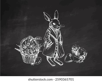 Hand drawn Easter bunny, chick and basket with eggs on chalkboard background

