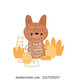 Hand Drawn easter Bunny and eggs. Cute Rabbit. Vector Print for kids room decoration, fabric, paper, card, t shirt, poster, textile. Vector illustration