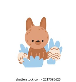 Hand Drawn easter Bunny and eggs. Cute Rabbit. Vector Print for kids room decoration, fabric, paper, card, t shirt, poster, textile. Vector illustration