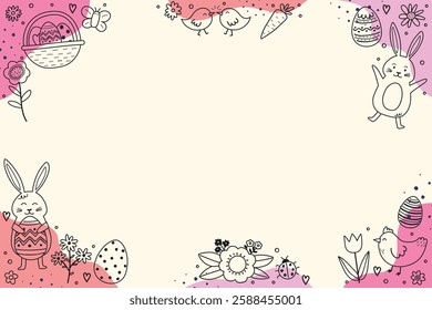 Hand drawn Easter bunny, eggs and flowers. Background in doodle style. Vector illustration