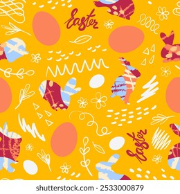 Hand drawn Easter Bunny floral background. Holiday Vector Illustration