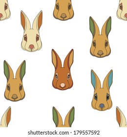hand drawn easter bunny head seamless pattern on white