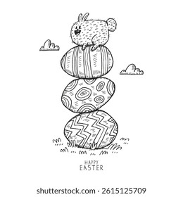 Hand Drawn Easter Bunny on Stacked Eggs with Happy Easter Text. Vector illustration.