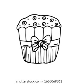Hand drawn easter cake decorated with a ribbon with a bow isolated on a white background. Doodle, simple outline illustration. It can be used for decoration of textile, paper.
