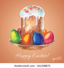 Hand drawn Easter cake and eggs. Vector illustration.