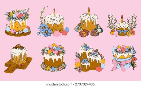 Hand Drawn Easter Cakes Collection on Pink Background