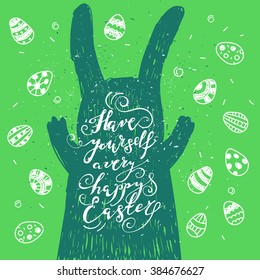 Hand drawn easter card with bunny and eggs on green background. Vector illustration