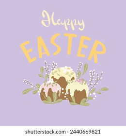 Hand drawn Easter card with easter cakes and pussy willow. Cartoon style. Isolated holiday design element. Happy Easter title. 