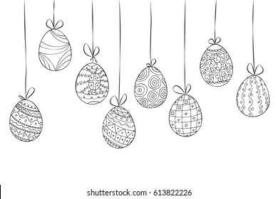 Hand drawn easter card of hanging eggs. Doodle style - vector illustration.