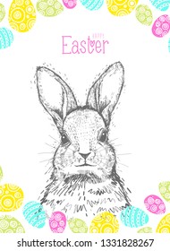 Hand drawn easter card with hand lettering. Greeting cards with cute hare