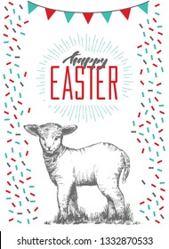 Hand drawn easter card with hand lettering. Greeting cards with cute lamb.