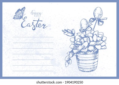 Hand drawn Easter card with potted suculents, decorative elements and congratulations. Traced vector illustration.