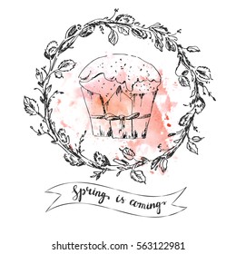 Hand drawn easter card with willow wreath, cake and watercolor splash.