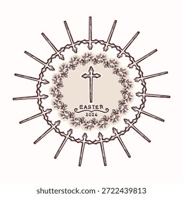 Círculo de Páscoa desenhado à mão com ilustração de motivo cruz cristã. Vetor isolado plano para o projeto religioso da Páscoa 2026. arte da decoração do cróssimo floral preto e branco