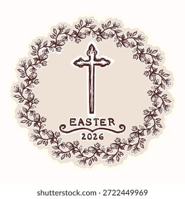 Hand drawn easter circle with christian cross motif illustration. Flat isolated vector for religious Easter 2026 design. Black and white floral faith crucifix lettering decor art icon