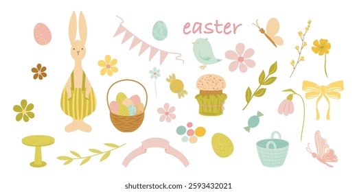 Hand drawn Easter clipart, Cute Easter set of elements. Basket full of eggs, flowers, easter cake, bird, bunny, butterfly. Spring set for poster, card, scrapbooking, stickers.