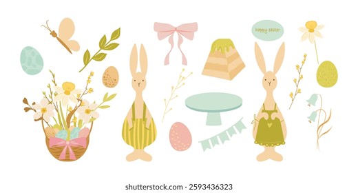 Hand drawn Easter clipart, Cute Easter set of elements. Basket full of flowers, eggs, easter cake, tied bow, snowdrop, bunny, butterfly. Spring set for poster, card, scrapbooking, stickers.