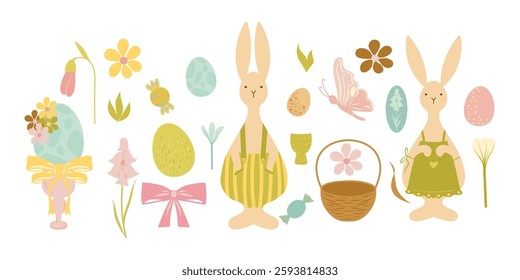 Hand drawn Easter clipart, Cute Easter set of elements. Basket, egg cup, eggs, tied bow, snowdrop, bunny, butterfly. Spring set for poster, card, scrapbooking, stickers.