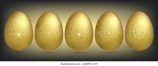 Hand drawn Easter collection of golden ornamental eggs with patterns, mandala, flowers. Traditional spring floral egg. Abstract vector set illustration at Easter greeting card, invitation, web design