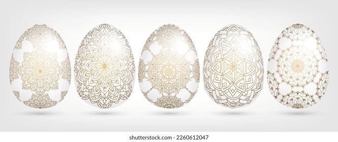 Hand drawn Easter collection of many white ornamental eggs with golden patterns, mandala, flowers, leaves. Abstract vector floral set illustration at Easter greeting card, invitation, web design