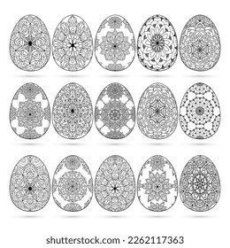 Colección de Huevos ornamentales con motivos, mandala, flores, hojas dibujadas a mano. Huevo floral de borde primaveral sobre fondo blanco. Ilustración de conjunto de vector abstracto para tarjeta de saludo, invitación