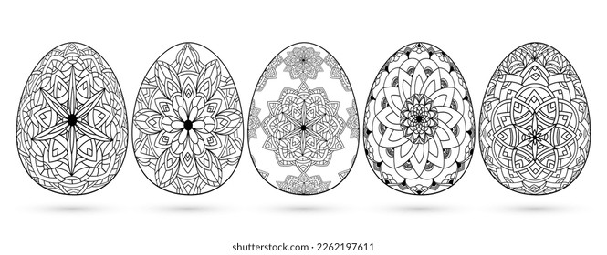 Colección de Huevos ornamentales con motivos, mandala, flores, hojas dibujadas a mano. Huevo floral de borde primaveral sobre fondo blanco. Ilustración de conjunto de vector abstracto para tarjeta de saludo, invitación
