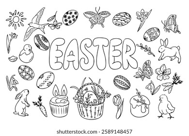 Hand drawn Easter coloring page with decorated eggs, bunnies, chicks, flowers, butterflies, and festive elements in black and white. Vector contour line doodles on white background