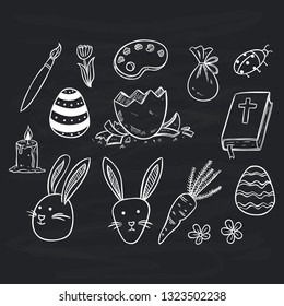 hand drawn of easter day icons collection on chalkboard background