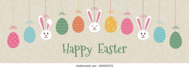 Hand drawn Easter decoration with bunnies, eggs and greetings. Vector.