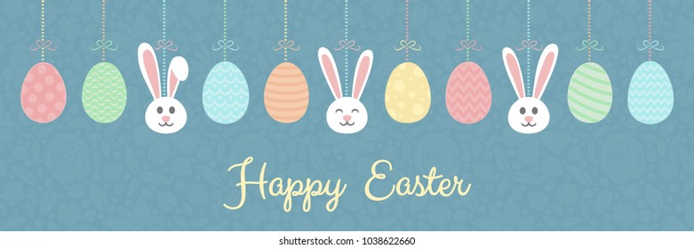 Hand drawn Easter decoration with bunnies, eggs and greetings. Vector.