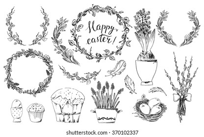 Hand drawn easter design elements set. Easter wreath, easter willow bouquet, pot of hyacinths, bird nest, easter eggs, easter cake, bird feathers. Happy easter hand lettering. 